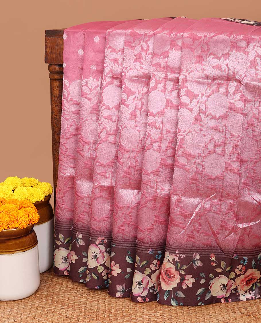 Onion pink floral , leaf traditional zari design elite silk saree with contrast floral printed border & floral design with tussels pallu