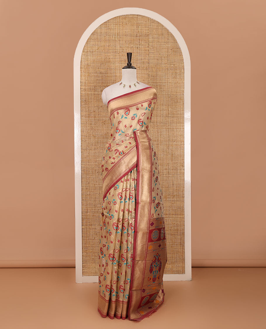 Chikku floral & paisley vine tissue silk saree, contrast temple border, paithani-style peacock & muniya pallu & contrast zari buttas blouse