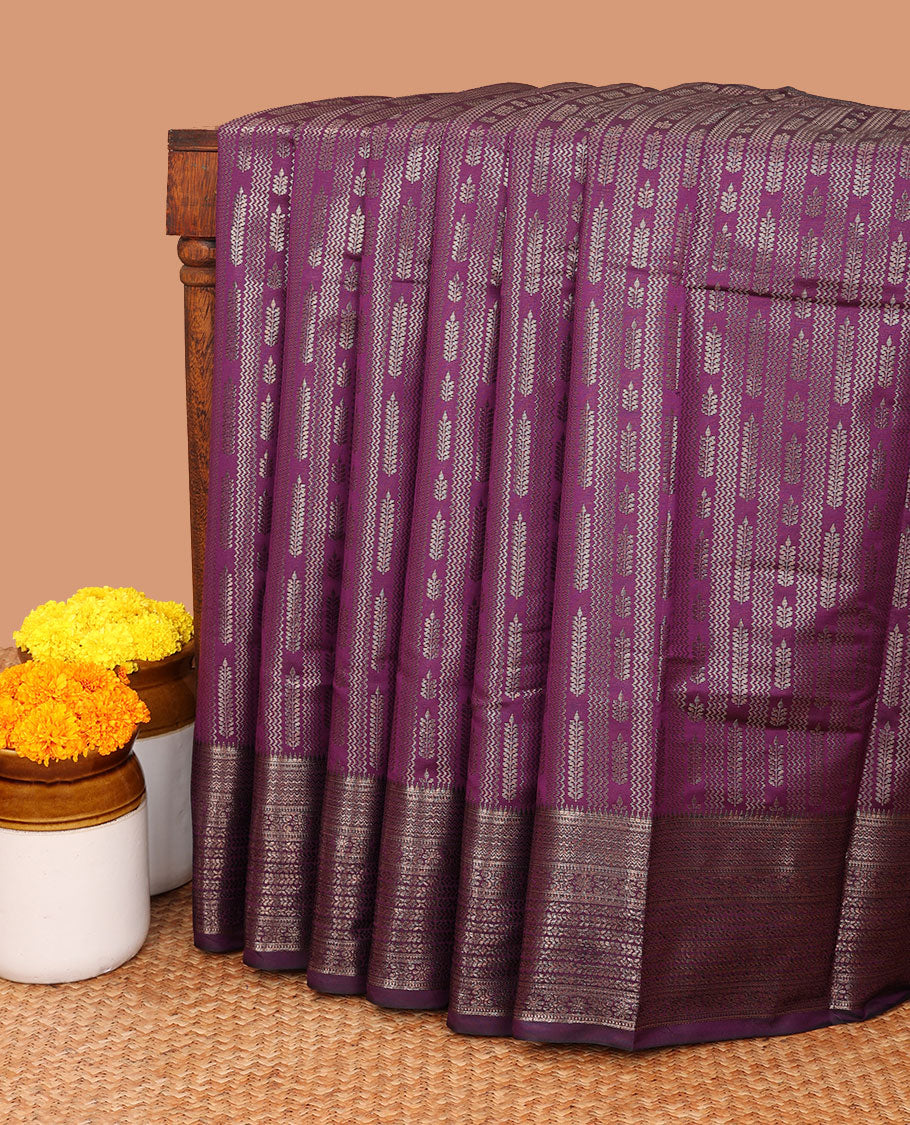 Wine zig zag straight line leaf design elite silk saree, gold rose zari with veldari border , malli mokku design & rich pallu , rose gold brocade design blouse