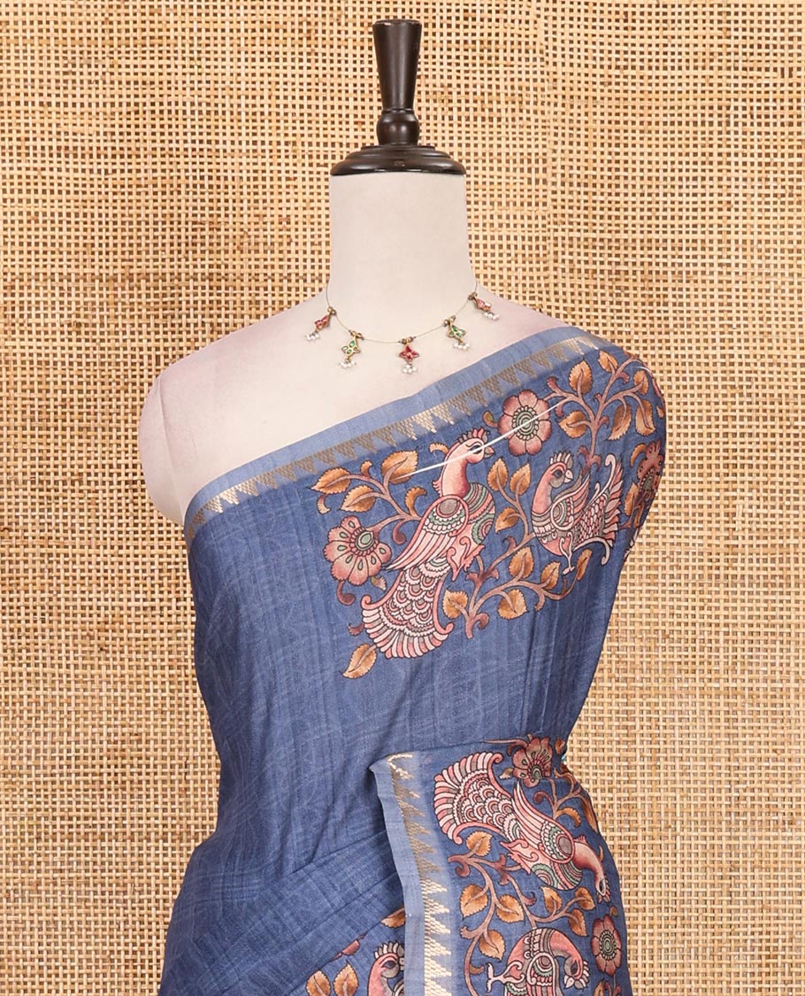 Blue full-plain katan silk saree, double-side kalamkari floral vine and bird printed temple zari border and matching floral vine printed blouse