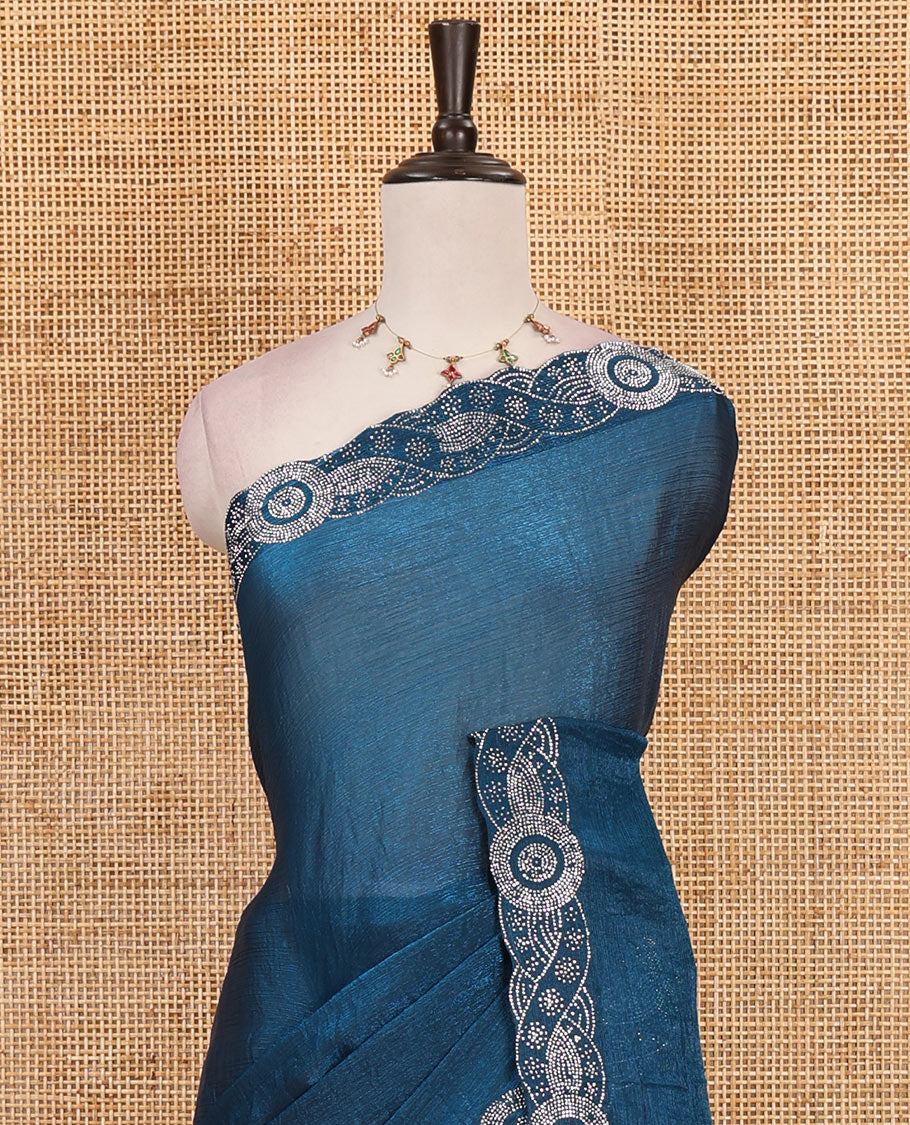 Blue full-plain fendy chiffon saree, scallop swarovski stone work geometric border and contrast plain blouse