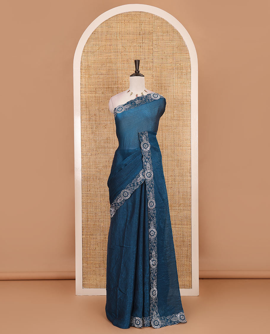 Blue full-plain fendy chiffon saree, scallop swarovski stone work geometric border and contrast plain blouse