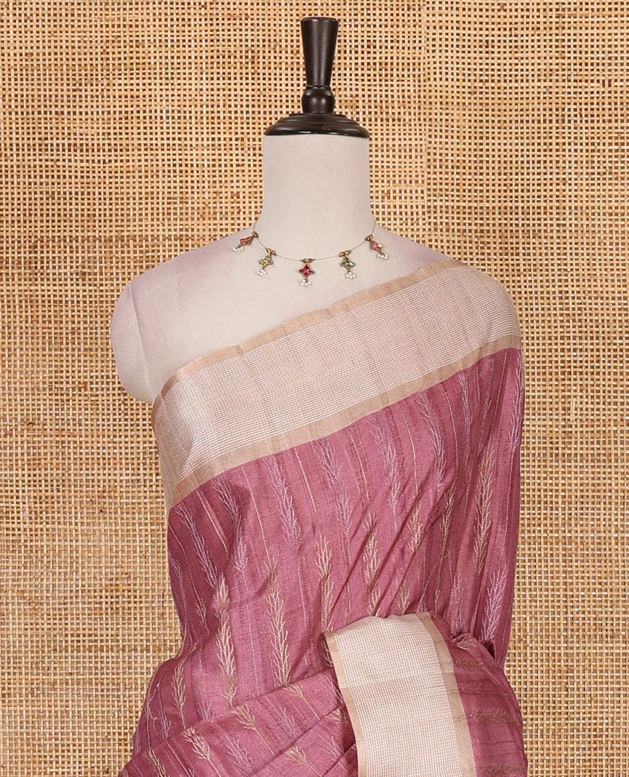 Pink floral vines thread embroidered Tussar saree, contrast Thread border, plain pallu, and contrast blouse