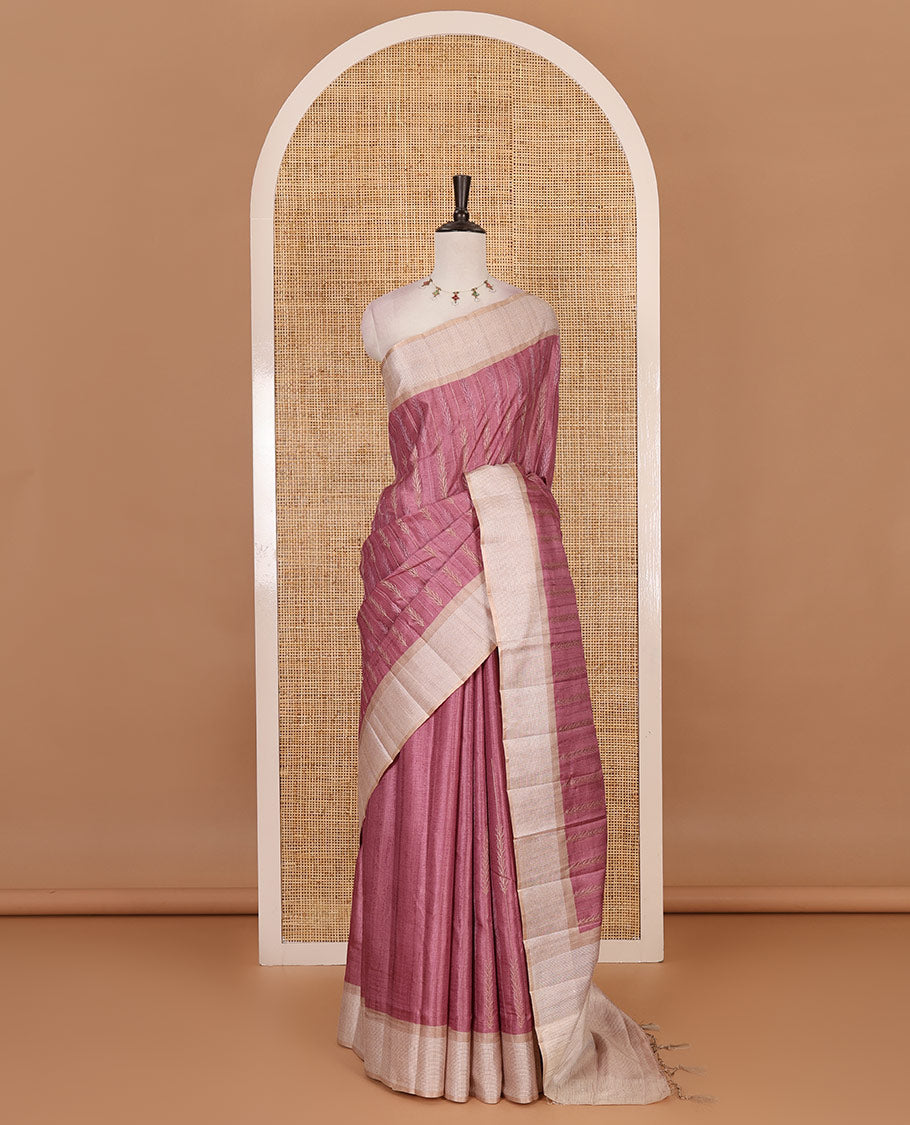 Pink floral vines thread embroidered Tussar saree, contrast Thread border, plain pallu, and contrast blouse