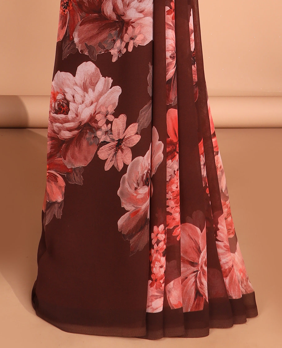 Borderless maroon digital floral print georgette saree with self pallu