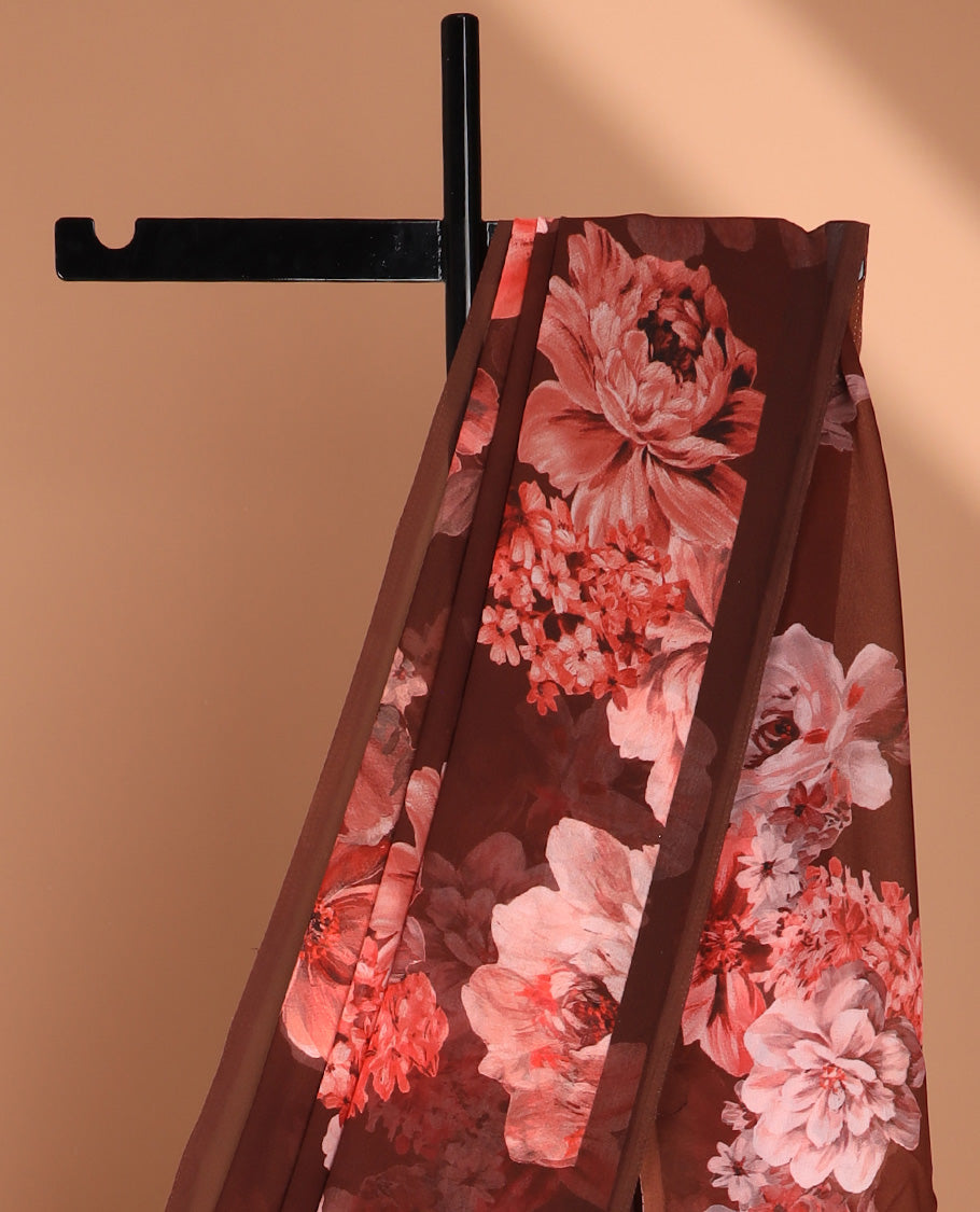 Borderless maroon digital floral print georgette saree with self pallu