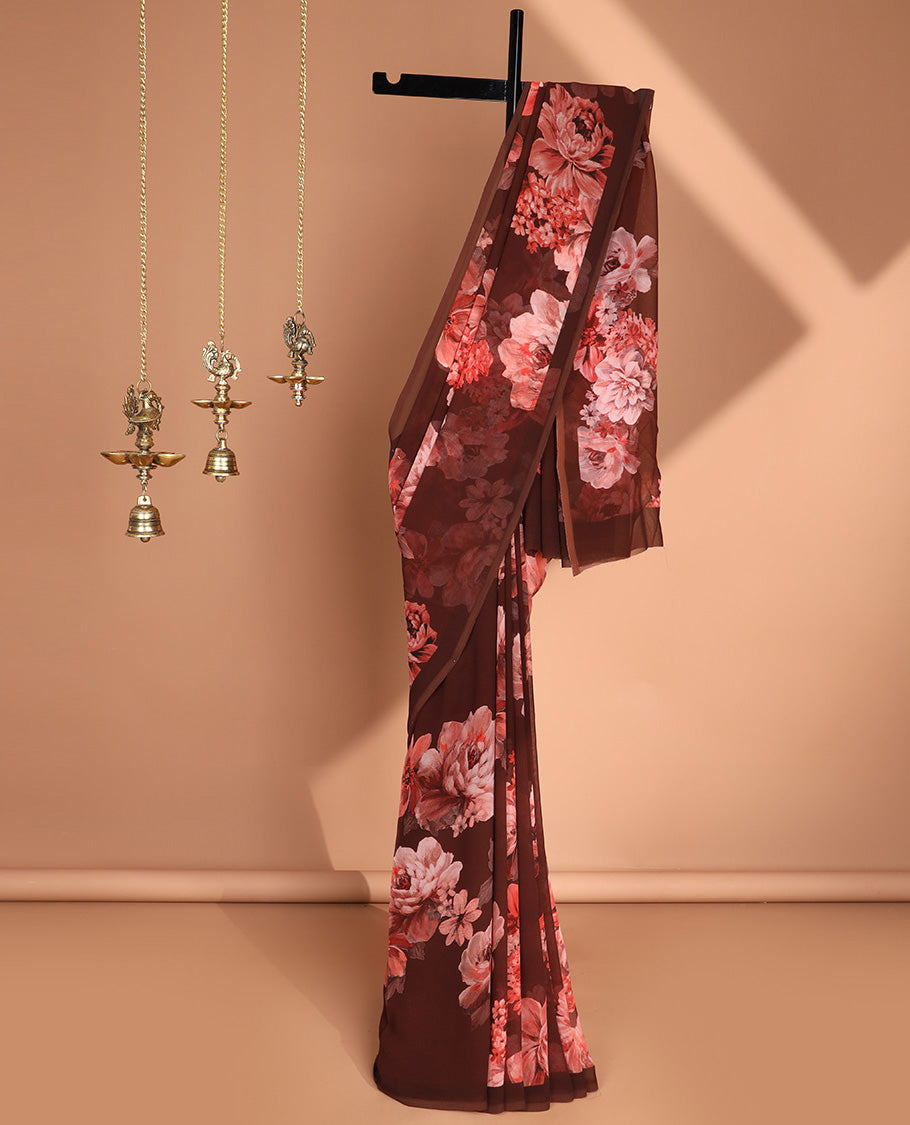 Borderless maroon digital floral print georgette saree with self pallu