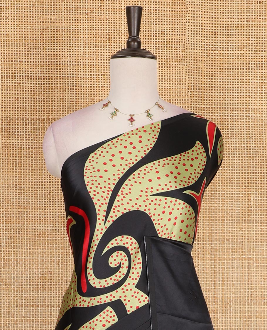 Borderless green abstract style vines batik printed Gajji silk saree, printed pallu, and plain blouse