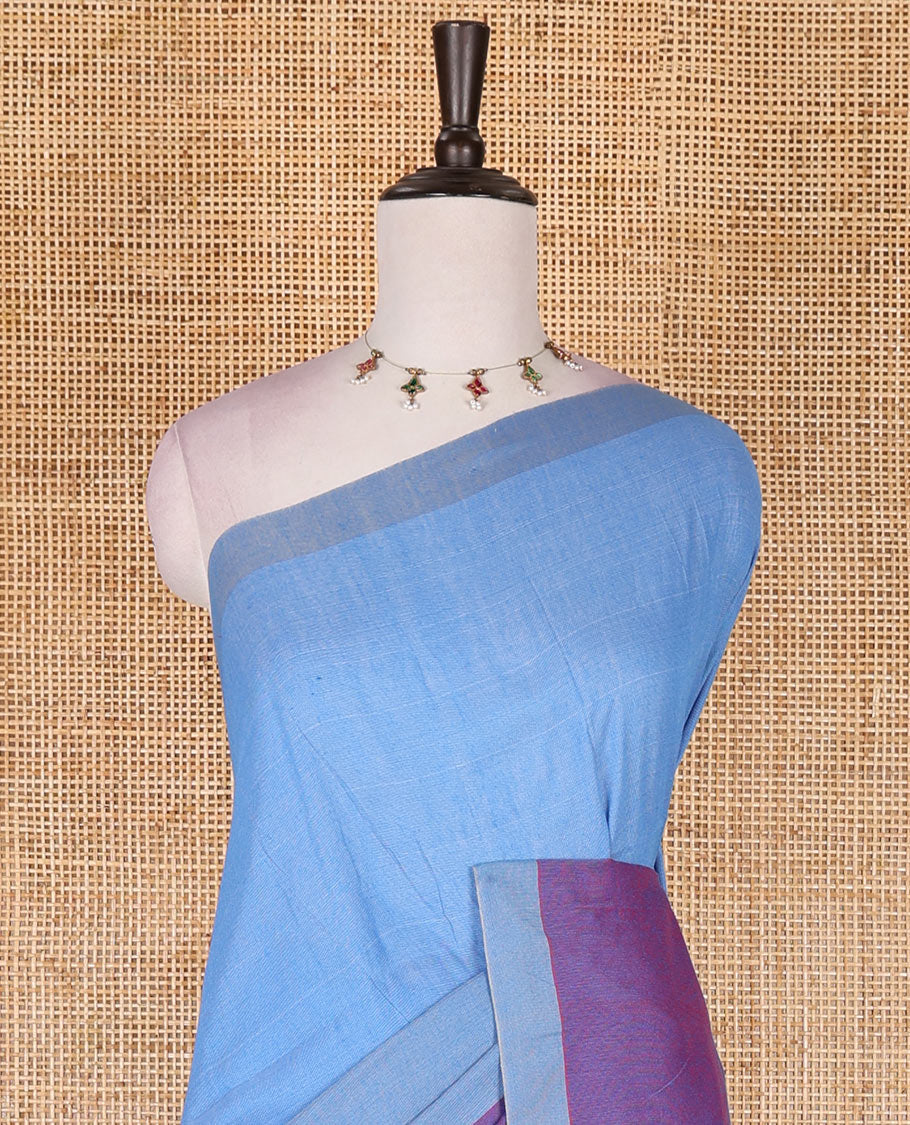 Borderless blue ombre style tri-colored plain Khadi mul cotton saree with full plain blouse