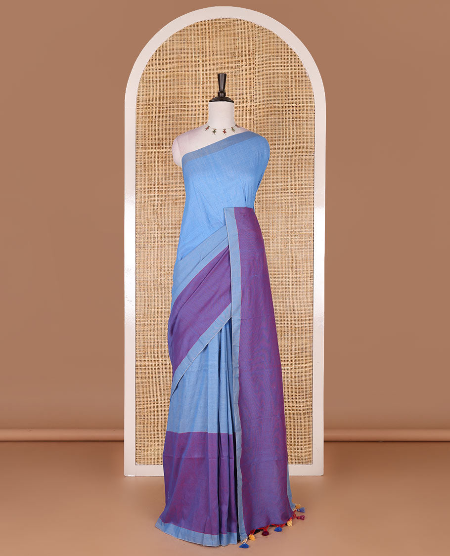 Borderless blue ombre style tri-colored plain Khadi mul cotton saree with full plain blouse
