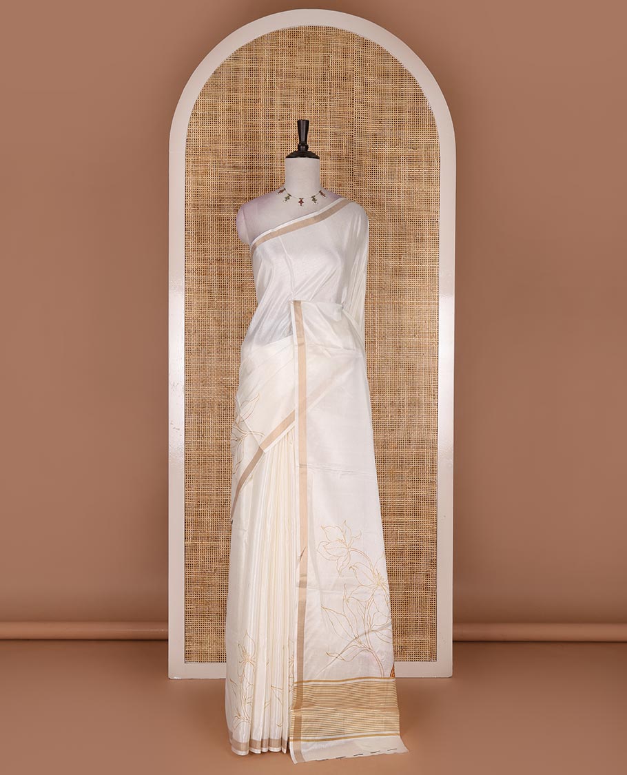 Half-white floral, and kathakali motifs digitally printed Kerala cotton saree, zari border, striped pallu, and matching blouse