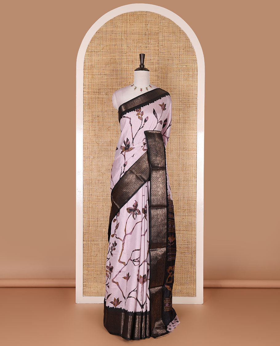 Lilac golden zari stripes, and floral vine printed dola silk saree, contrast traditional temple zari border, and floral printed pallu