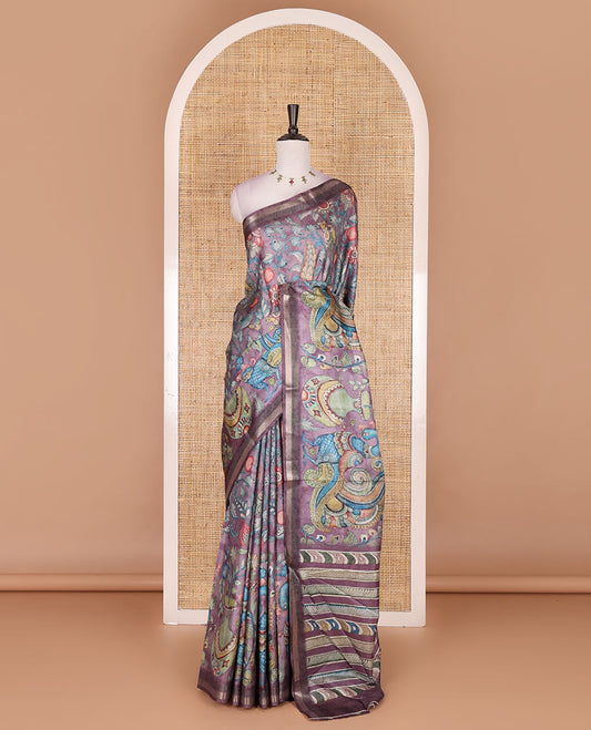 Violet-base multi-color kalamkari floral-vine and peacocks printed semi-tussar saree, gold zari piping border, kalamkari printed pallu, and contrast printed blouse