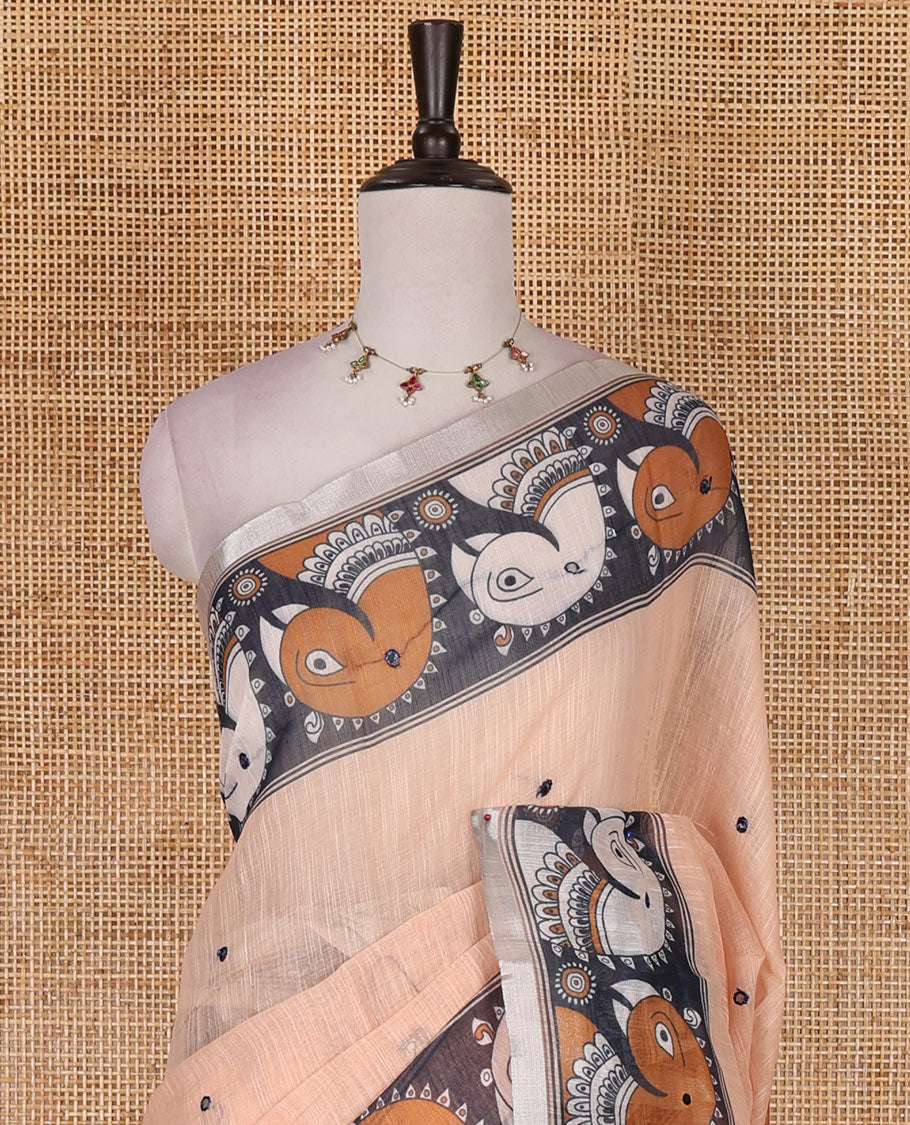 Orange mirror thread embroidered linen saree, contrast kalamkari peacock printed border, pallu of kalamkari peacock and human figurines print, and printed blouse