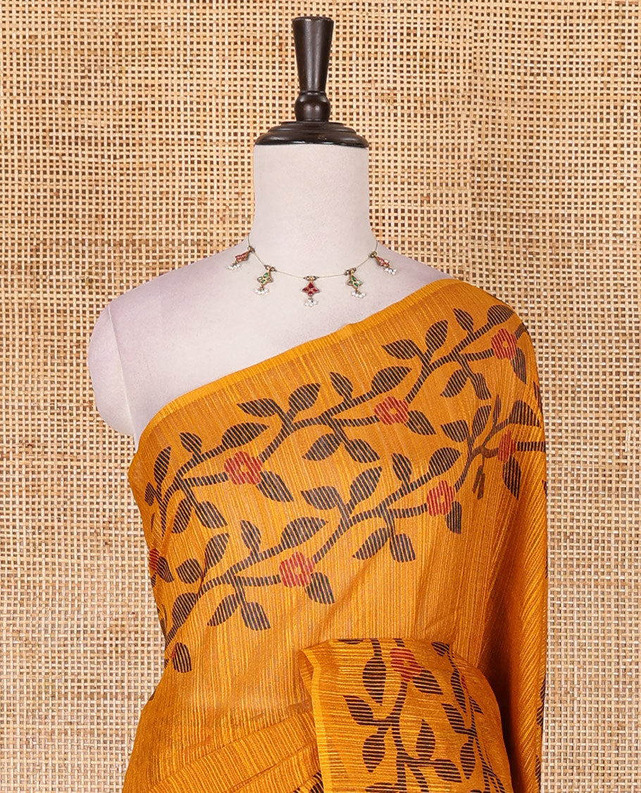 Mustard jamdani style floral vine design semi-jute silk saree, floral vine printed border, pallu, and blouse of small buttas print
