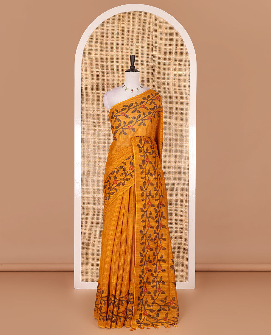 Mustard jamdani style floral vine design semi-jute silk saree, floral vine printed border, pallu, and blouse of small buttas print