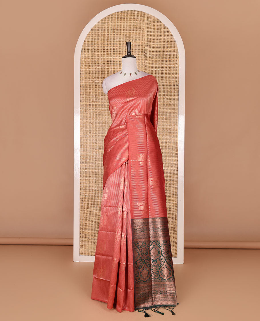 Borderless peach stripes and zari floral buttas elite soft silk saree, contrast ogee patterned zari pallu, and contrast zari design blouse