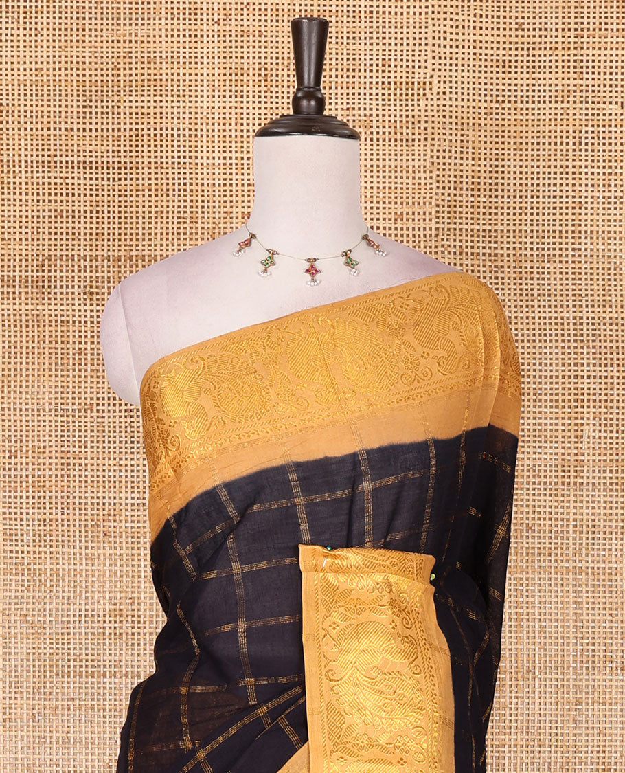 Blue and yellow zari checked Sungudi cotton saree, contrast peacock motifs zari border, checked pallu, and contrast checked blouse