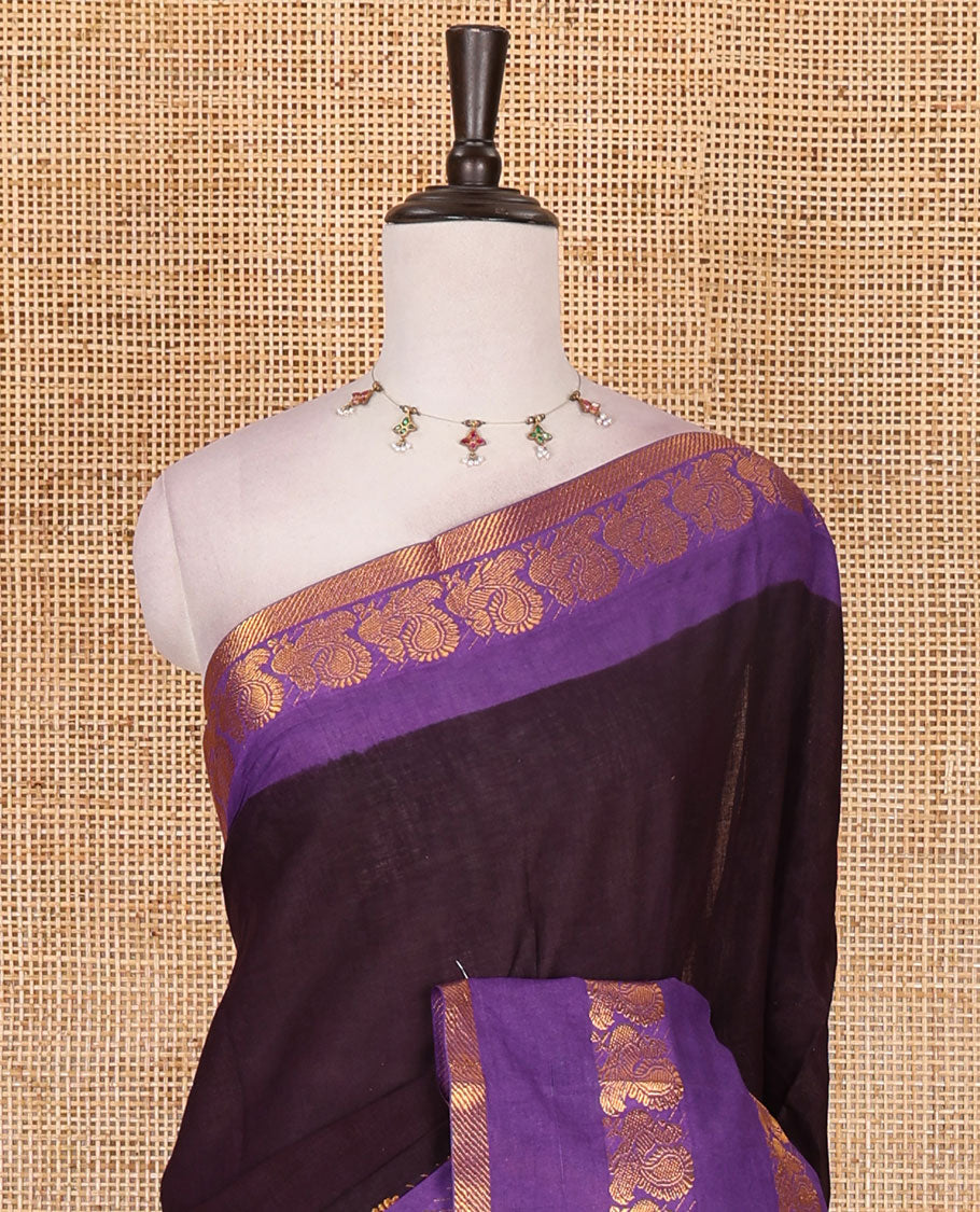 Purple plain sungudi cotton saree, contrast annam motifs, gold zari woven border, zari striped, and zari design contrast blouse