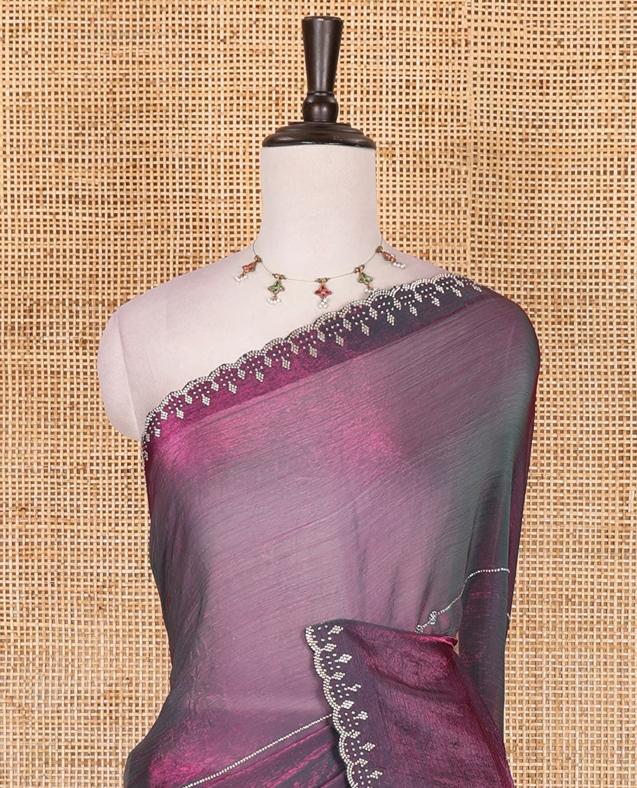 Green micro stonework Fendi chiffon saree, scallop micro stonework border, stonework paisley pallu, and matching micro stone work blouse