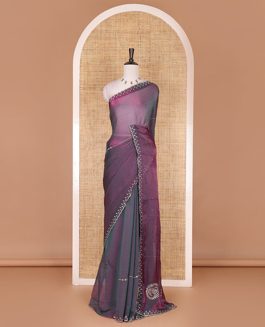 Green micro stonework Fendi chiffon saree, scallop micro stonework border, stonework paisley pallu, and matching micro stone work blouse