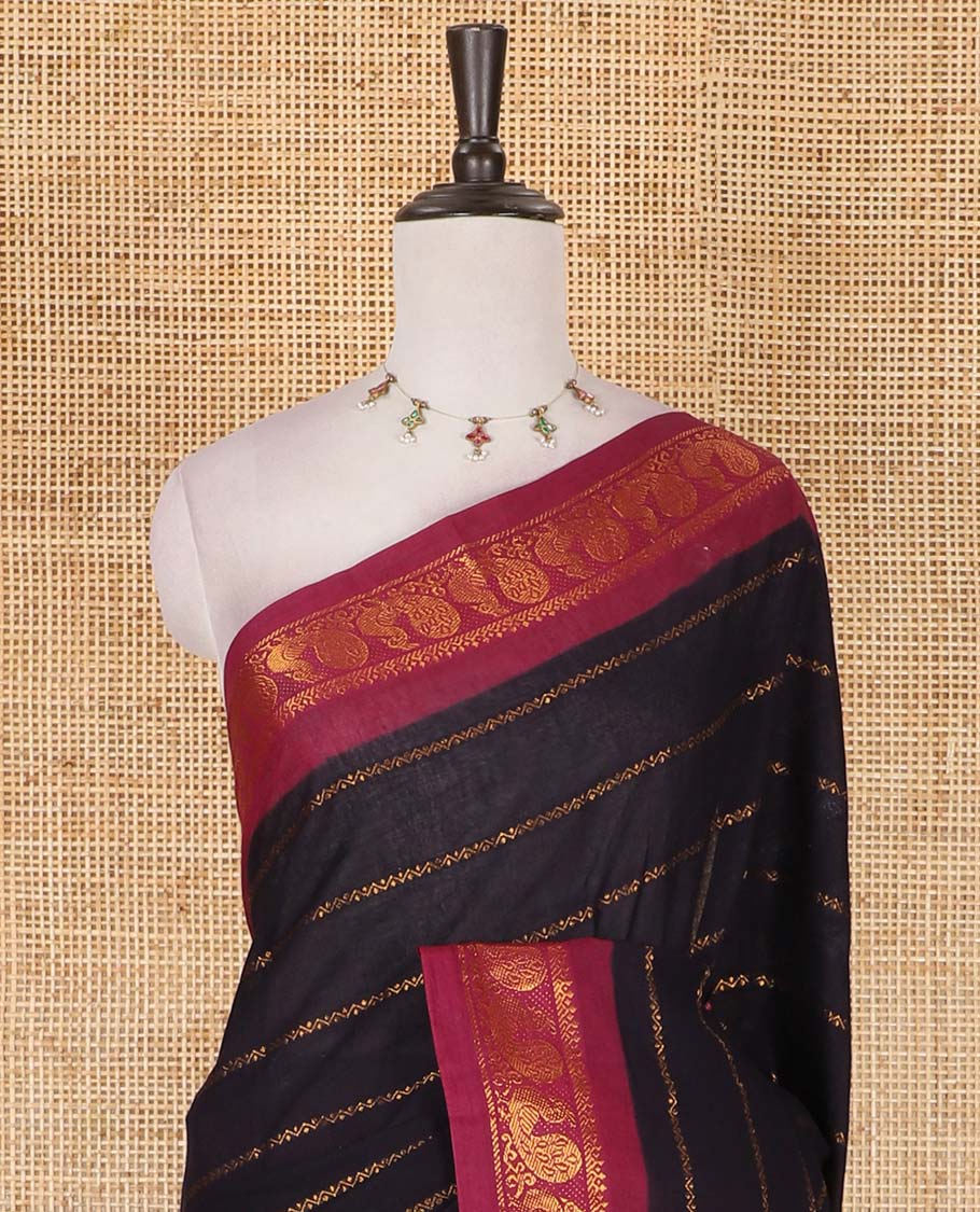 Black and maroon veldhari zari striped Sungudi cotton saree, contrast peacock zari motif border, zari striped pallu, and contrast zari design blouse