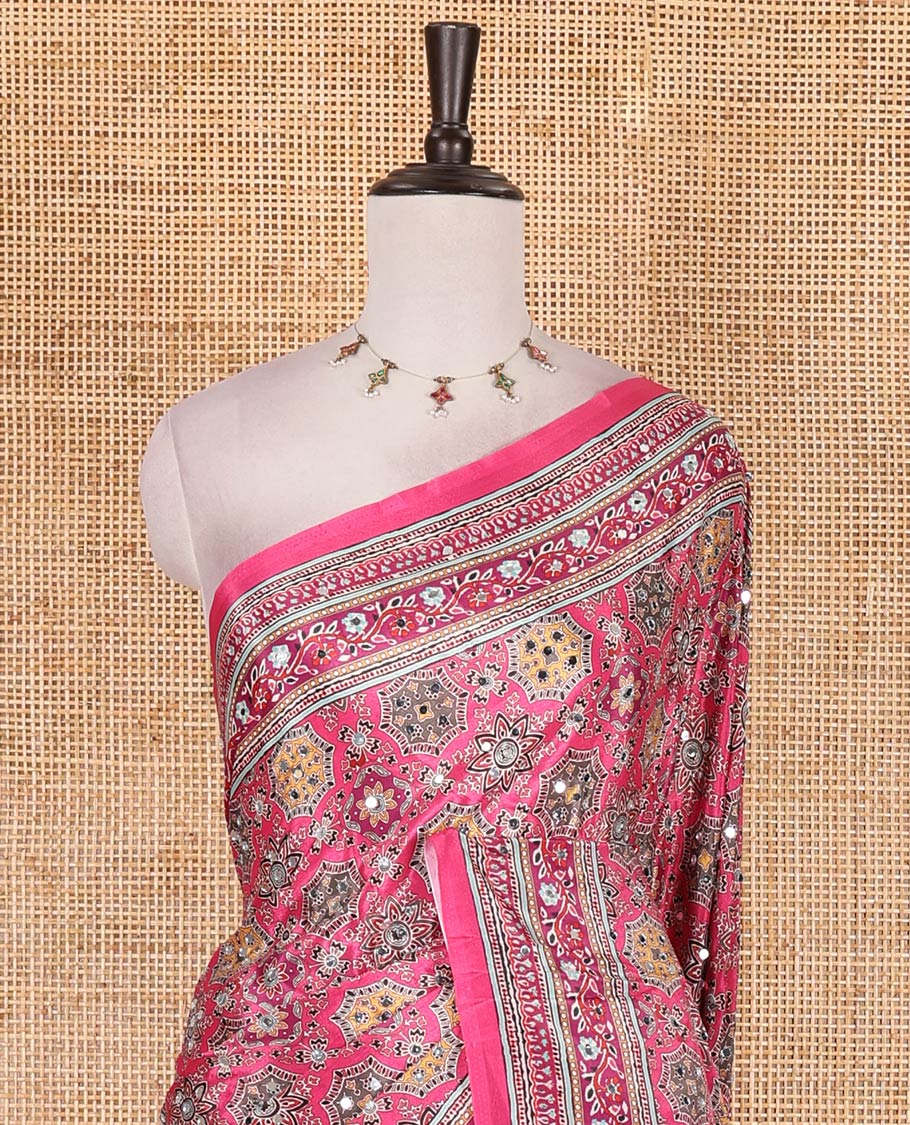 Pink ajrakh style printed with mirror work masakali saree, printed border, print and mirror work pallu, and matching blouse