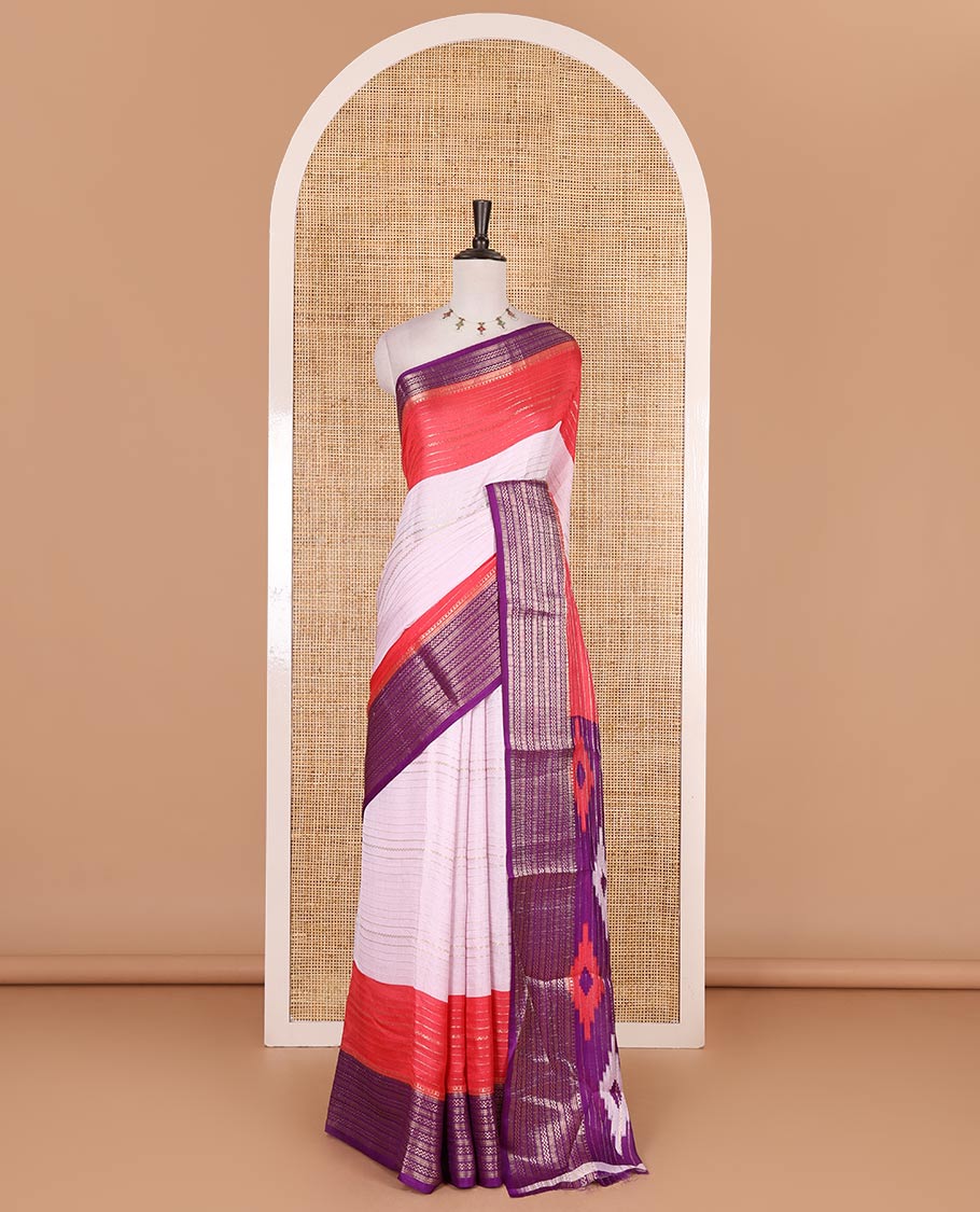 White zari design moss milan saree, contrast purple and pink colored traditional zari border, ikkat buttas printed pallu, and contrast zari design blouse