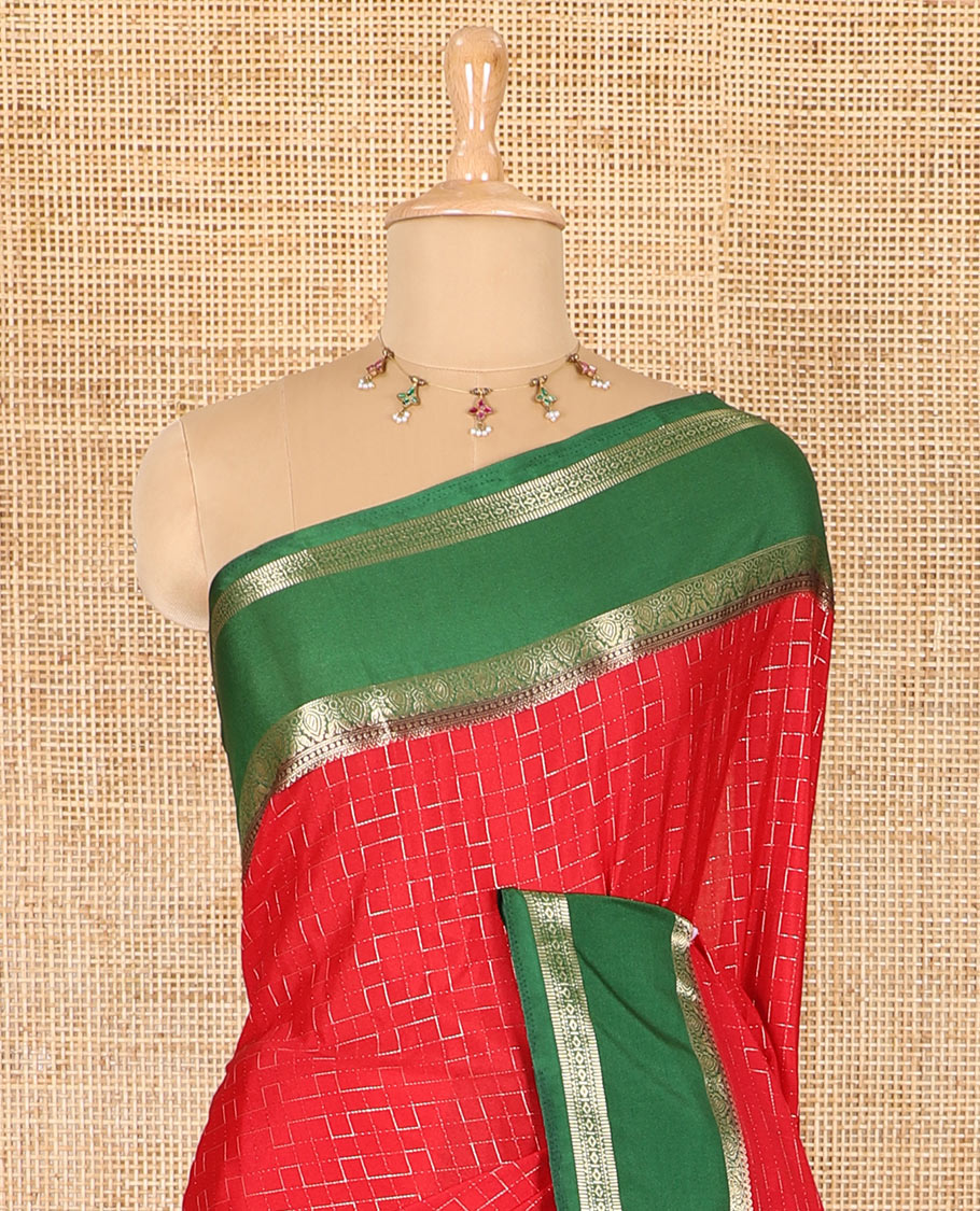 Red maze geometric-patterned semi-mysore silk saree, contrast rettai pettu traditional zari border, intricate pallu, and a contrast geometric-patterned zari-bordered blouse