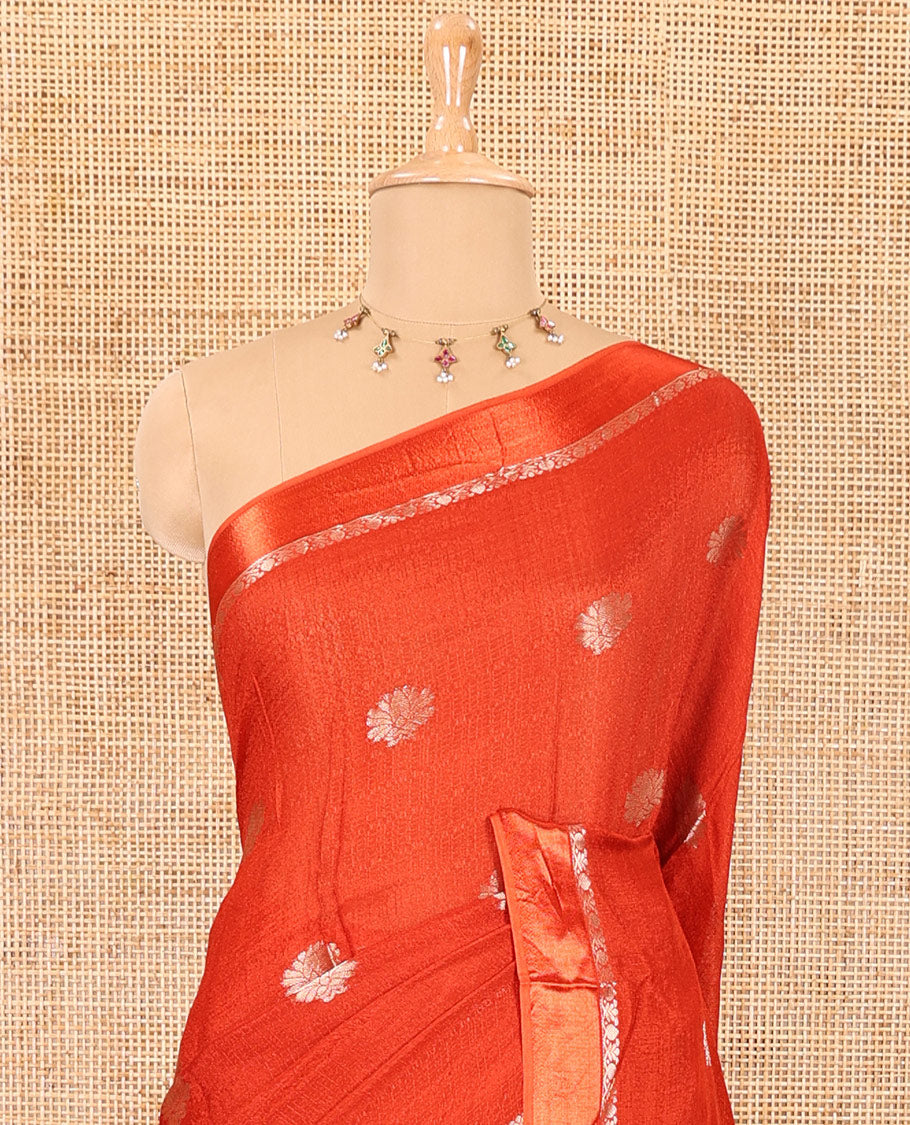 Orange floral zari buttas viscose khadi silk saree, traditional zari satin border, floral zari buttas woven pallu, and a matching zari design blouse