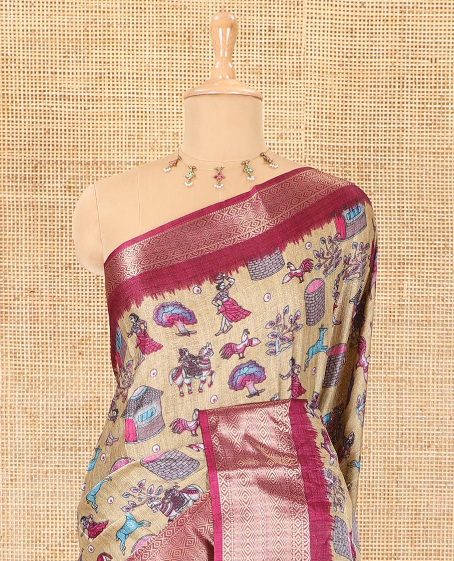 Chikku-purple color animal and village theme printed khadi jute saree, contrast jaal patterns zari woven border, printed pallu, and a contrast blouse