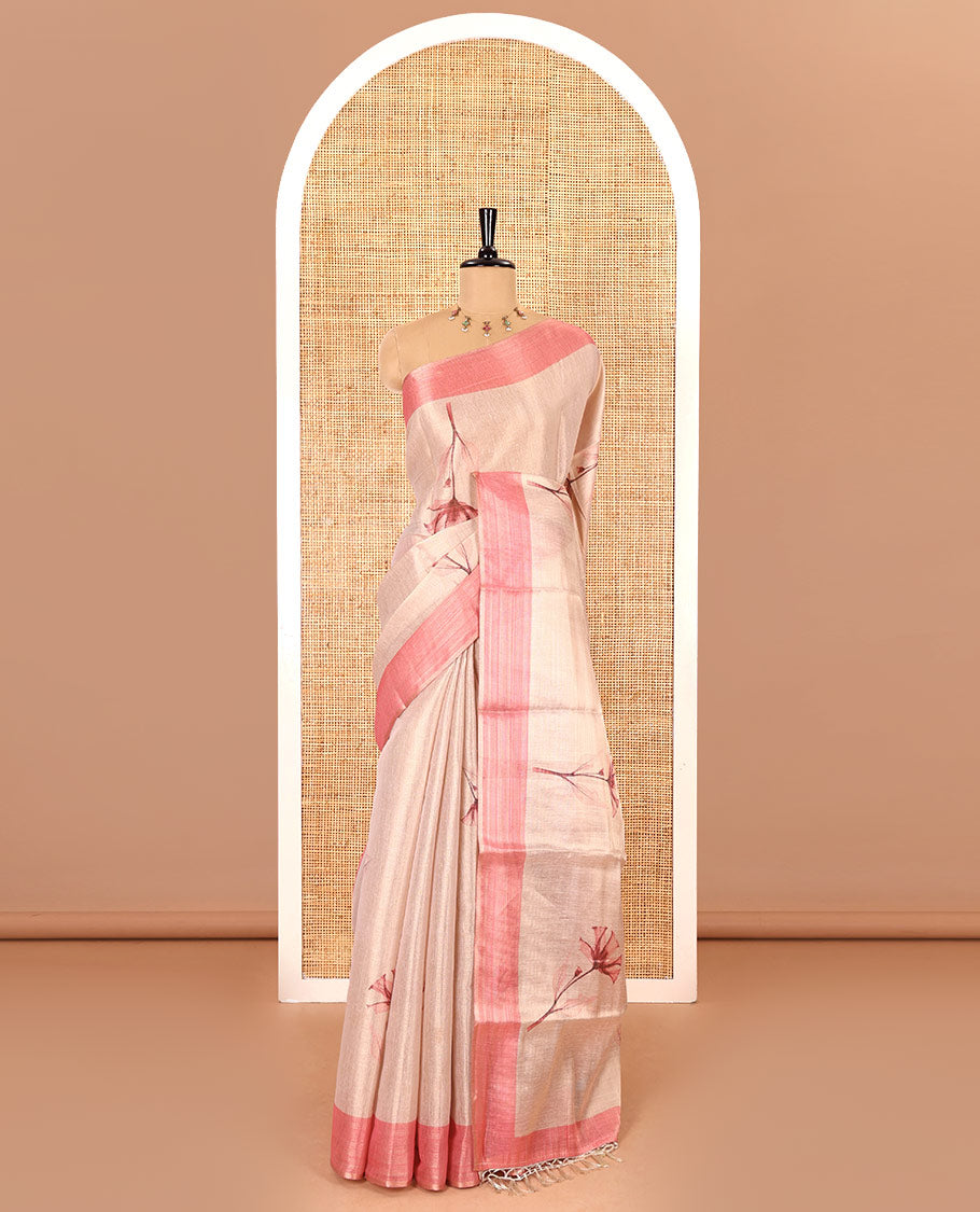 Cream mordern pink floral motifs printed tissue saree, contrast plain border, floral printed pallu, and a contrast plain blouse