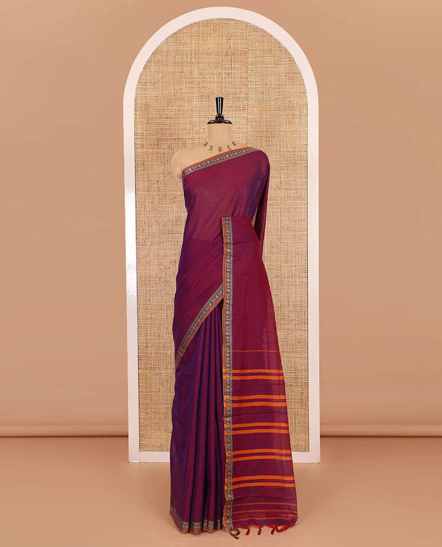 Purple plain mercerised cotton saree, contrast temple traditional border, striped pallu, and a matching blouse