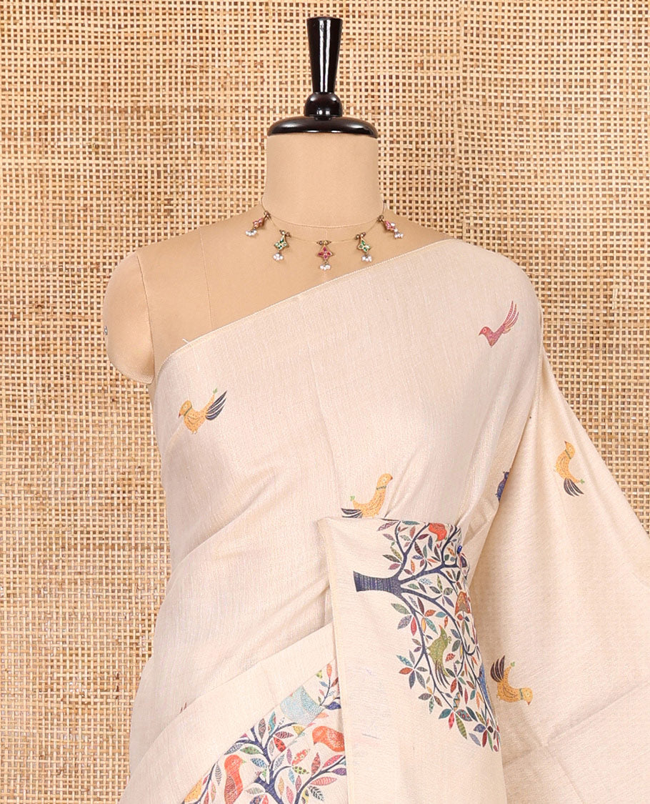 Borderless gold multi-color tree-bird motifs digital printed tissue saree, small buttas printed blouse