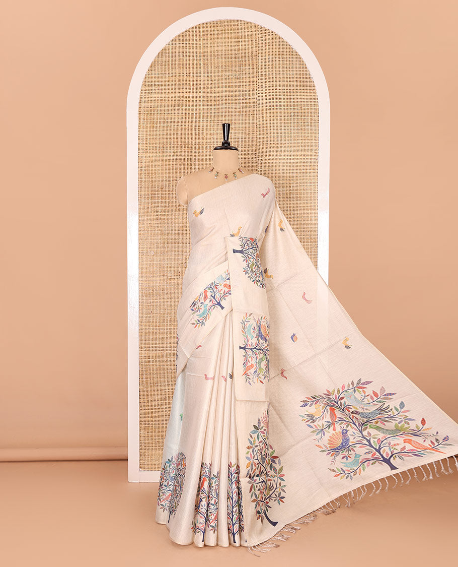 Borderless gold multi-color tree-bird motifs digital printed tissue saree, small buttas printed blouse