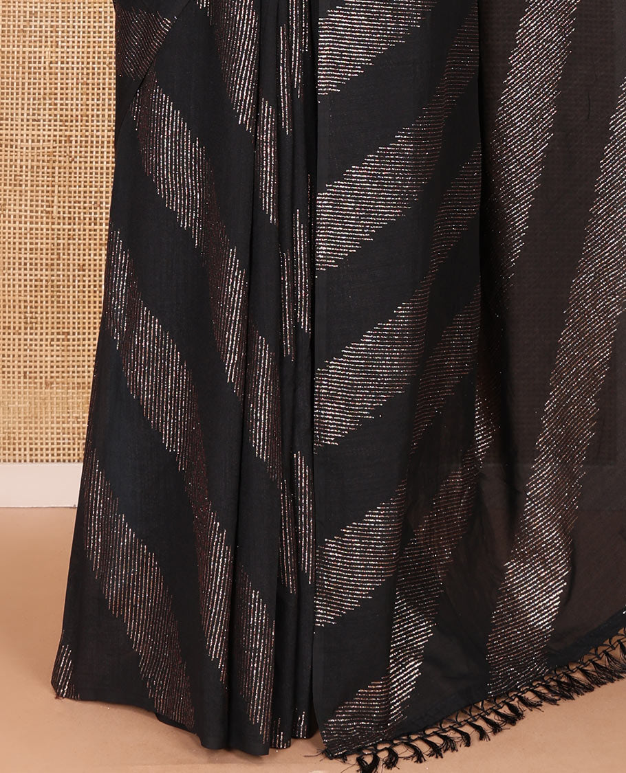 Borderless black leheriya-striped foil-printed Vichitra silk saree with a self pallu and no blouse