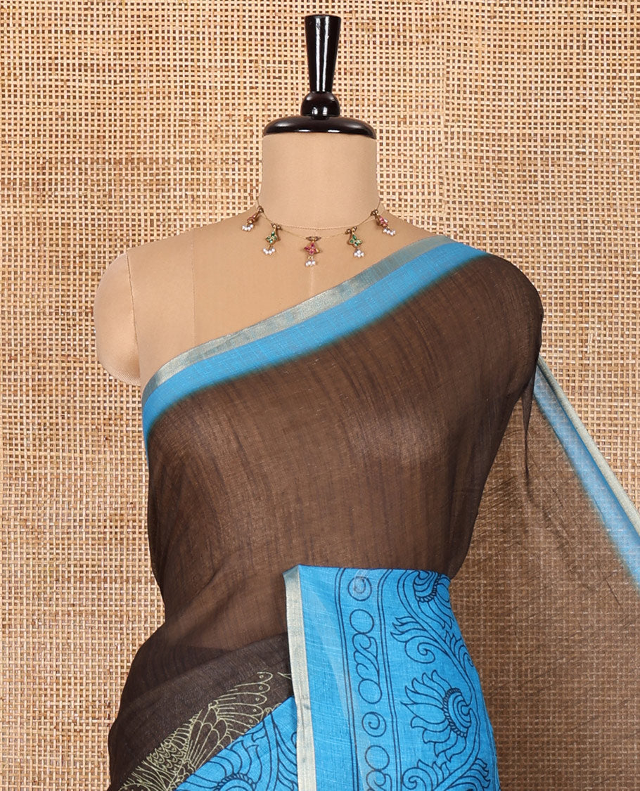 Olive Green plain with swan motifs printed linen cotton saree, contrast floral creeper printed border, swan motifs printed pallu, and plain blouse