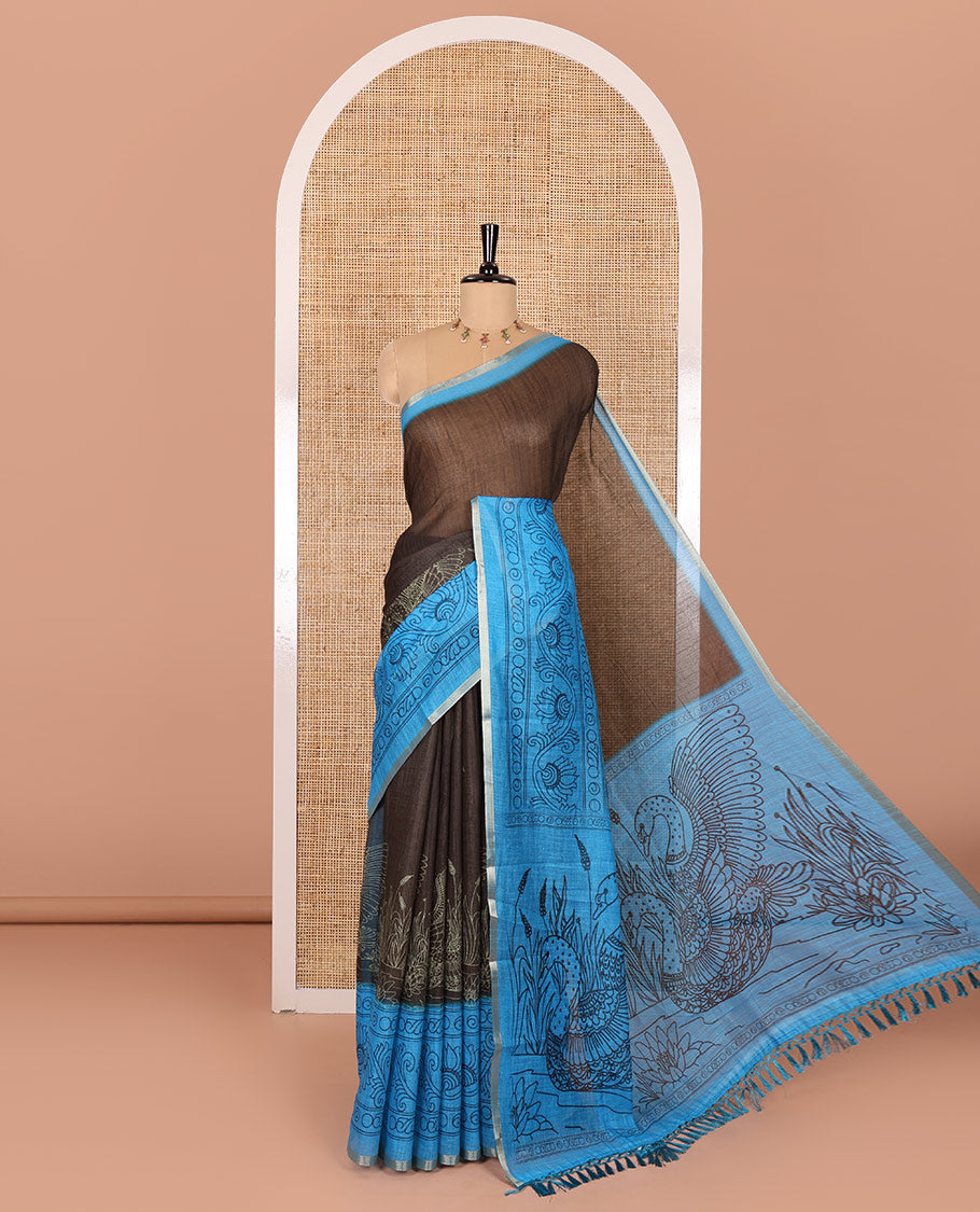 Olive Green plain with swan motifs printed linen cotton saree, contrast floral creeper printed border, swan motifs printed pallu, and plain blouse