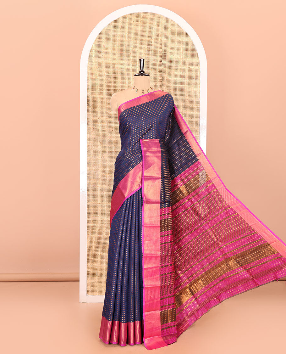Navy blue zari buttas semi-soft silk saree, contrast plain zari border, contrast zari buttas steeped pallu, and a contrast zari design blouse