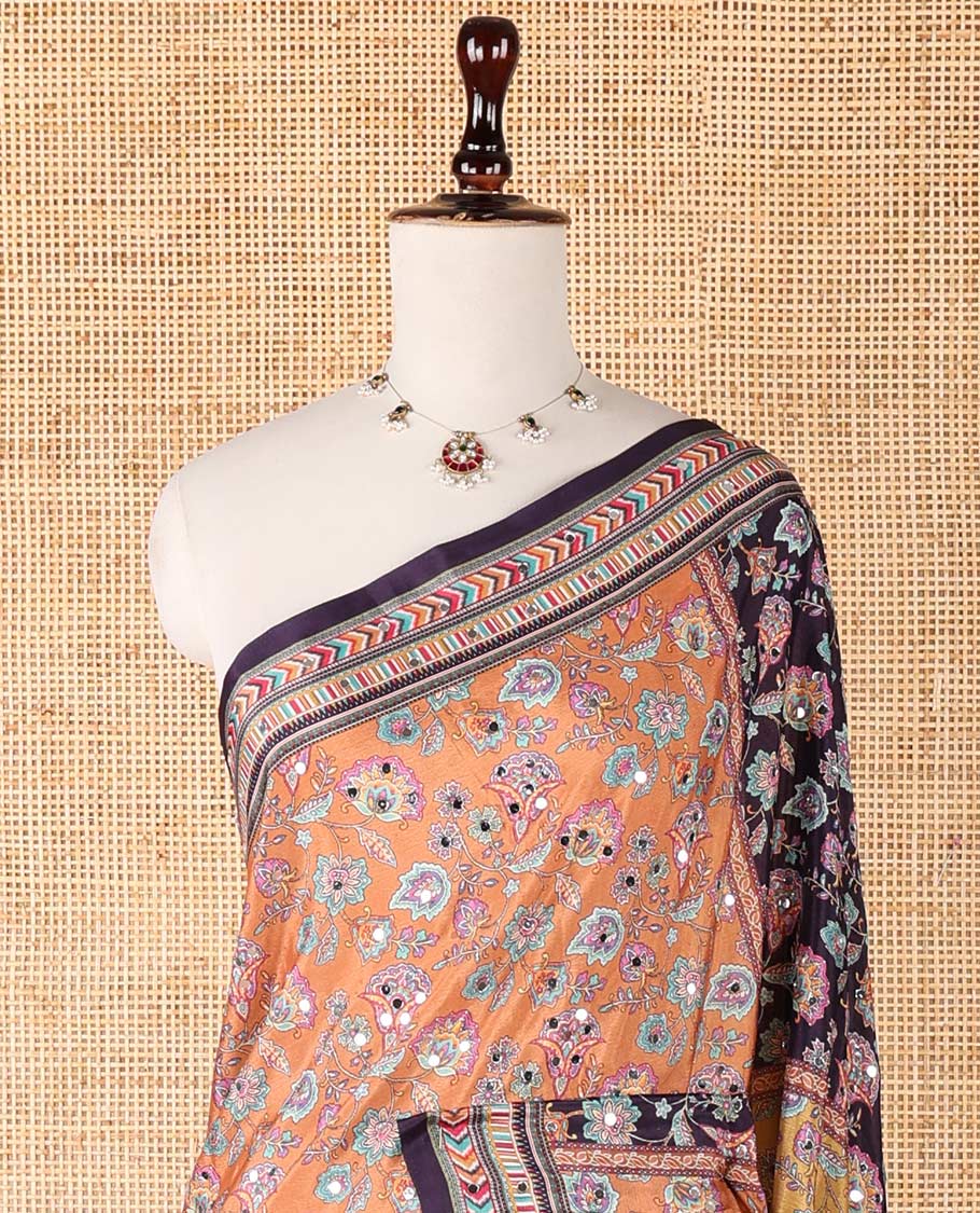 Multi-color printed, mirror work synon silk saree with printed border & printed rich pallu along with plain blouse