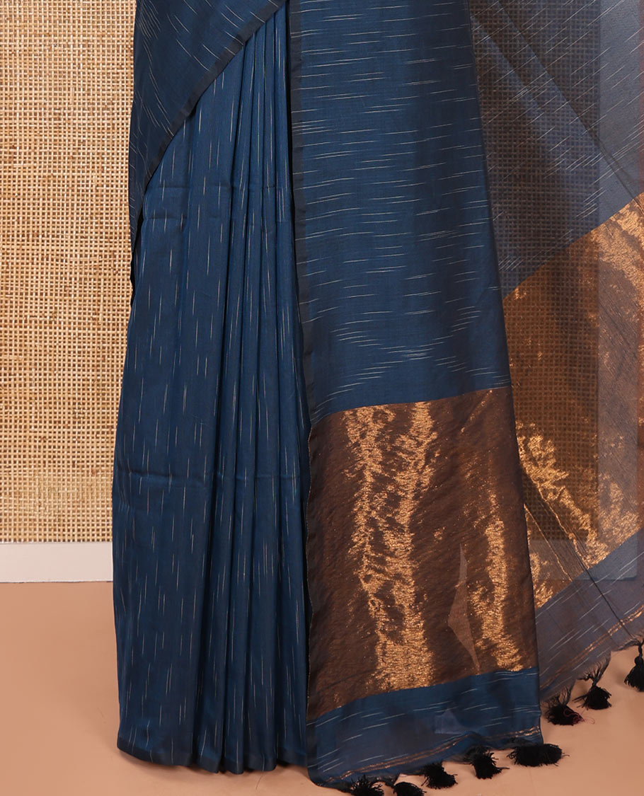 Borderless Blue Khadi Mul Cotton Saree Decked with Jharna-Style Waterdrop Motifs, Featuring a Gleaming Zari-Woven Pallu, Paired with a Matching Blouse Replicating the Body Motifs