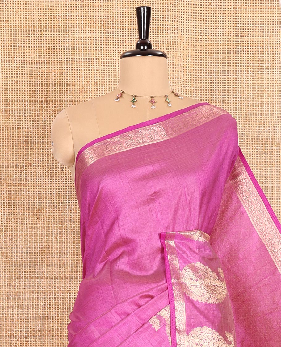 Lavender Plain Semi-Tussar Saree Artfully Detailed with a Self Border Featuring Floral and Paisley Zari Weave, Adorned with a Zari-Striped Pallu, Paired with a Matching Zari-Woven Blouse