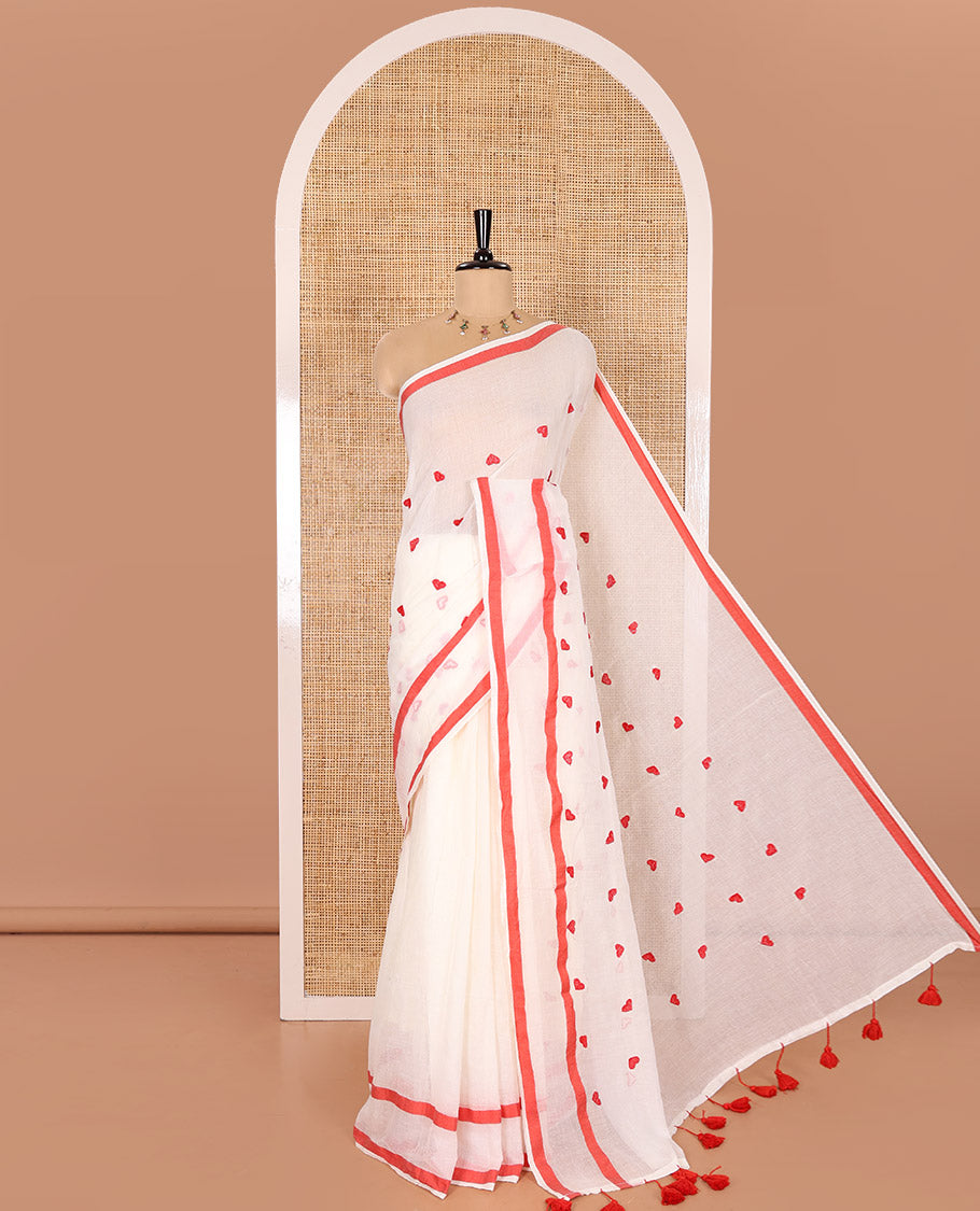 Cream Khadi Mul Cotton Saree Adorned with Heart Motifs Embroidery All Over Its Body, Self-Border, Pallu Steeped with Heart Motifs Embroidery, and Paired with a Matching Blouse