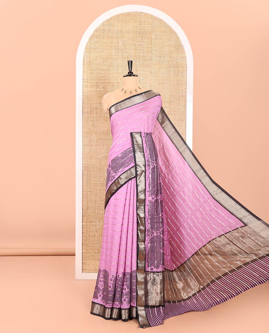 Pink Assam Cotton Saree Graced with Horizontal Zari Stripes and Kalamkari Peacock Print, Complemented by a Contrast Traditional Zari Design Border, Gleaming Zari Woven Pallu, and a Contrast Zari Design Blouse