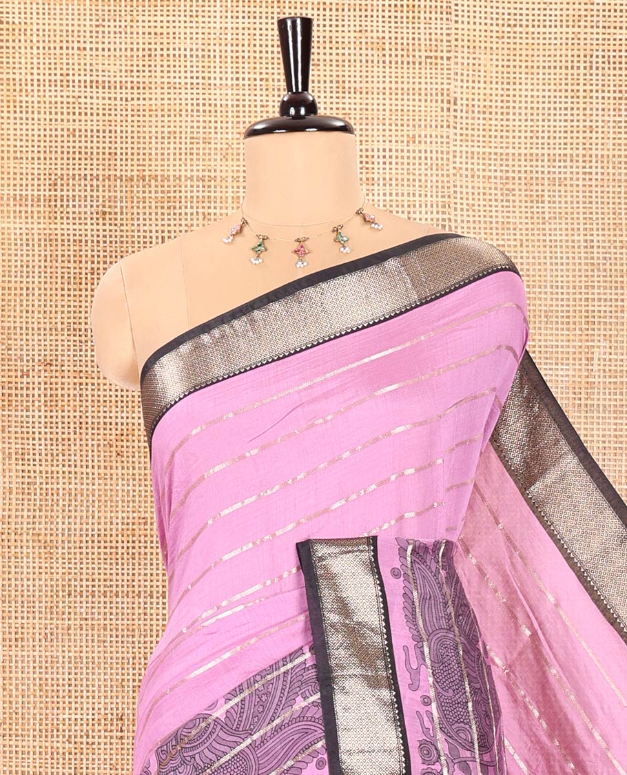 Pink Assam Cotton Saree Graced with Horizontal Zari Stripes and Kalamkari Peacock Print, Complemented by a Contrast Traditional Zari Design Border, Gleaming Zari Woven Pallu, and a Contrast Zari Design Blouse