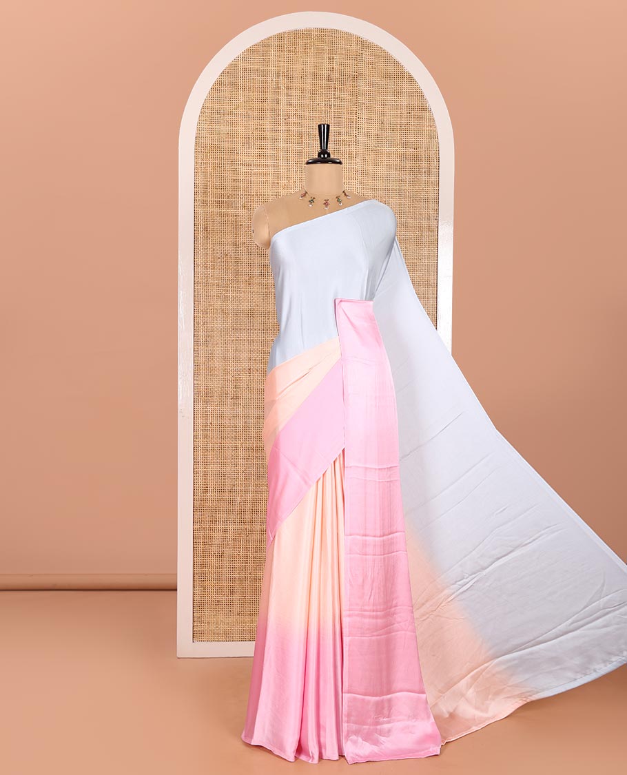 Borderless Baby Pink and Grey Satin Crepe Saree Enthralled with Ombre-Style Tri-Colors and Paired with a Matching Blouse