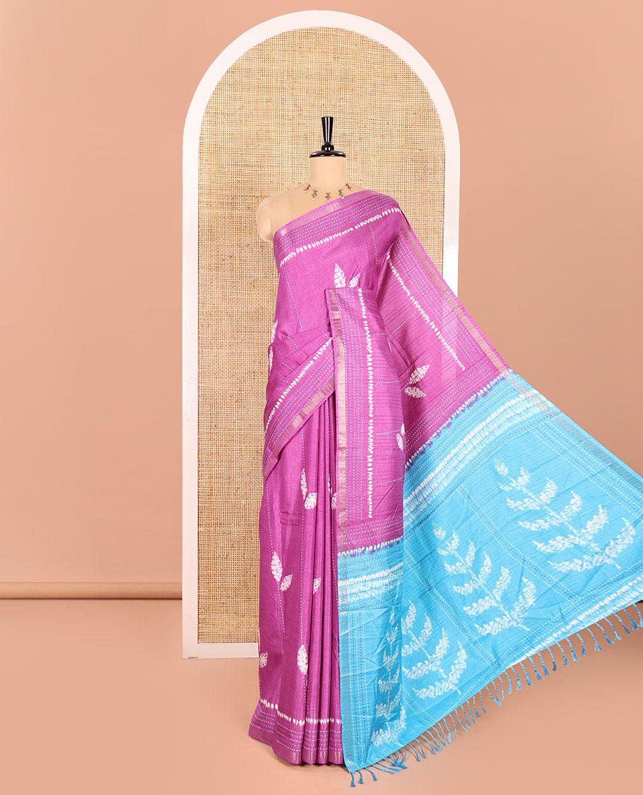 Purple Dola Tussar Saree Bedecked with Shibori-Style Leaf Motifs Printed All Over Its Body, Subtly Made Zari Piping Border of Kanta Work, Complemented by Contrast Pallu of Shibori-Style Leaf Print, and Paired with Contrast Blouse