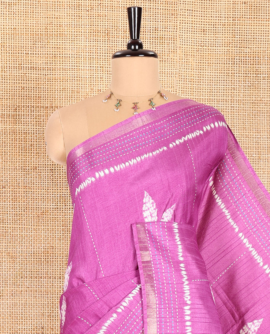Purple Dola Tussar Saree Bedecked with Shibori-Style Leaf Motifs Printed All Over Its Body, Subtly Made Zari Piping Border of Kanta Work, Complemented by Contrast Pallu of Shibori-Style Leaf Print, and Paired with Contrast Blouse