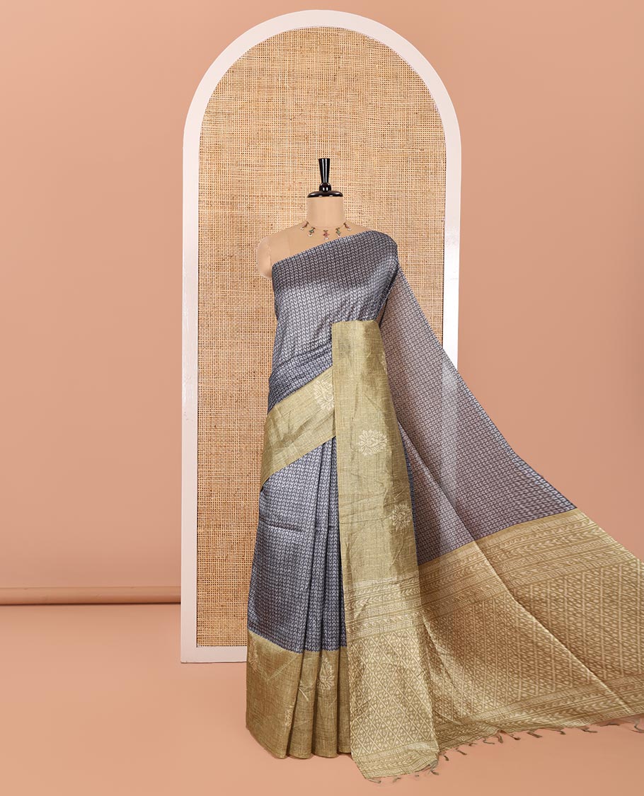 Grey and Green Semi-Tussar Saree, Detailed with Geometric Patterns Printed All Over Its Body, Complemented by a Captivating Contrast One-Sided Border of Unique Print, and Paired with a Contrast Blouse