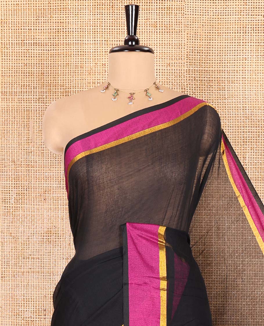 Black Plain Khadi Mul Cotton Saree, Complemented by Contrast Zari Striped Border, Plain Pallu, and Paired with a Matching Blouse